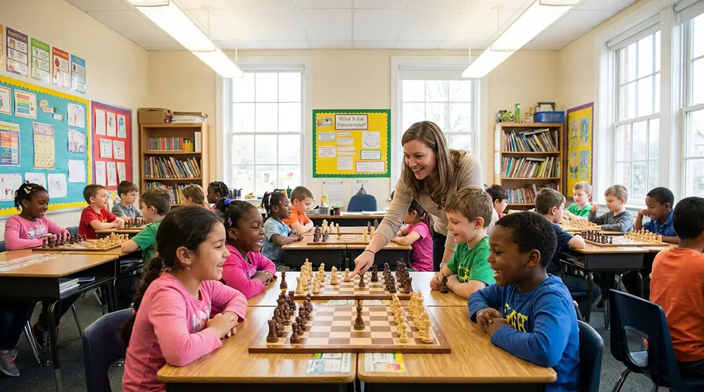Enfants jouant aux échecs en classe dans le cadre du programme Class'Échecs