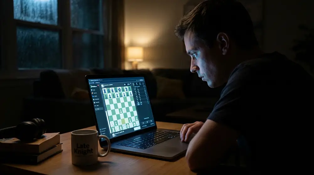 Personne jouant aux échecs en ligne la nuit sur un ordinateur portable
