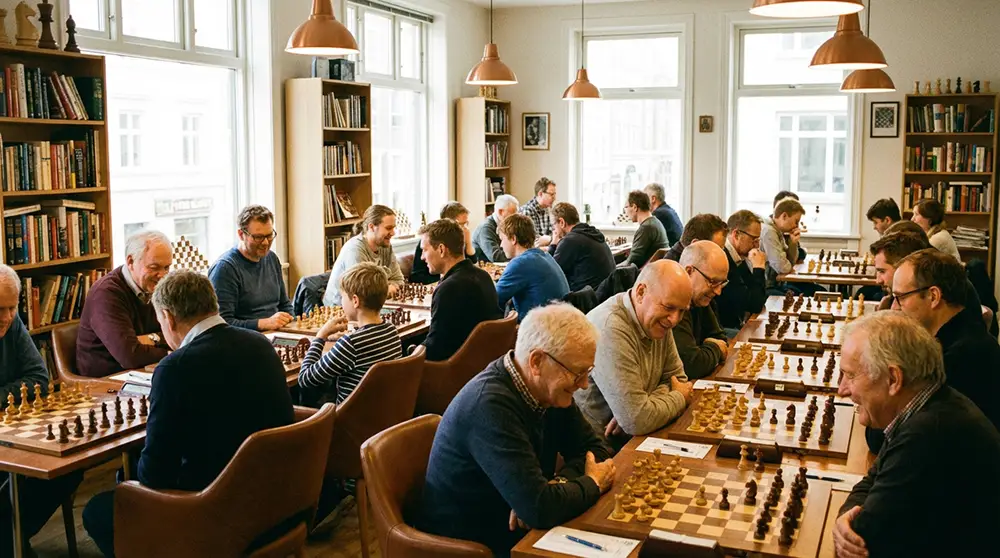 Enfants et adultes jouant aux échecs dans un club français