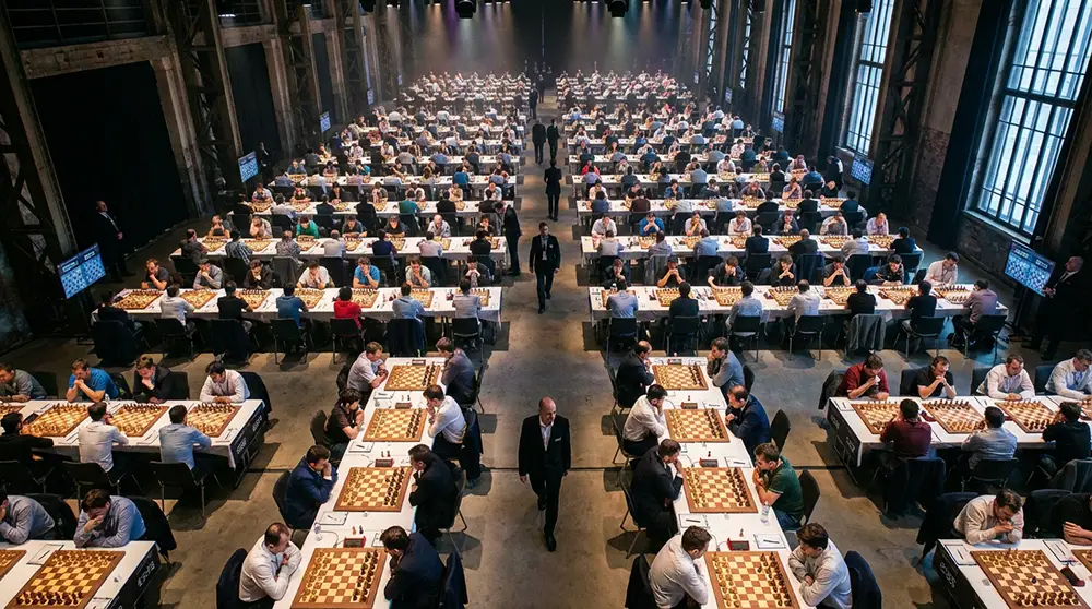 Vue aérienne d'une salle de tournoi d'échecs en France avec dizaines de tables
