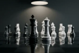 Échiquier moderne avec pièces noires et blanches sur fond sombre