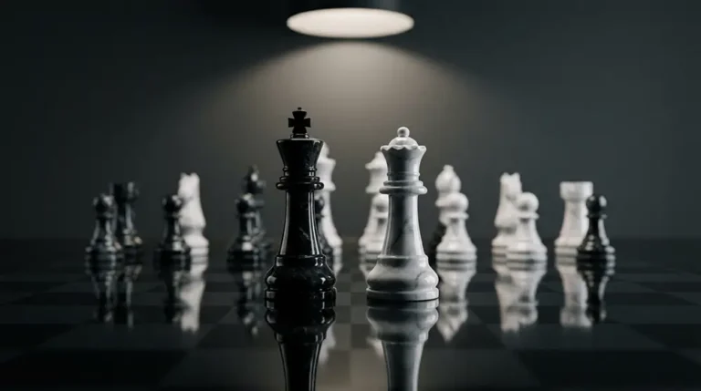 Échiquier moderne avec pièces noires et blanches sur fond sombre
