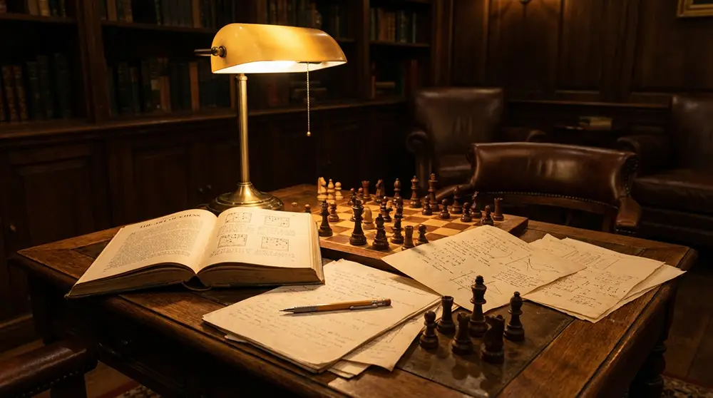 Livre d'échecs ouvert sur une table avec pièces et notes de cours
