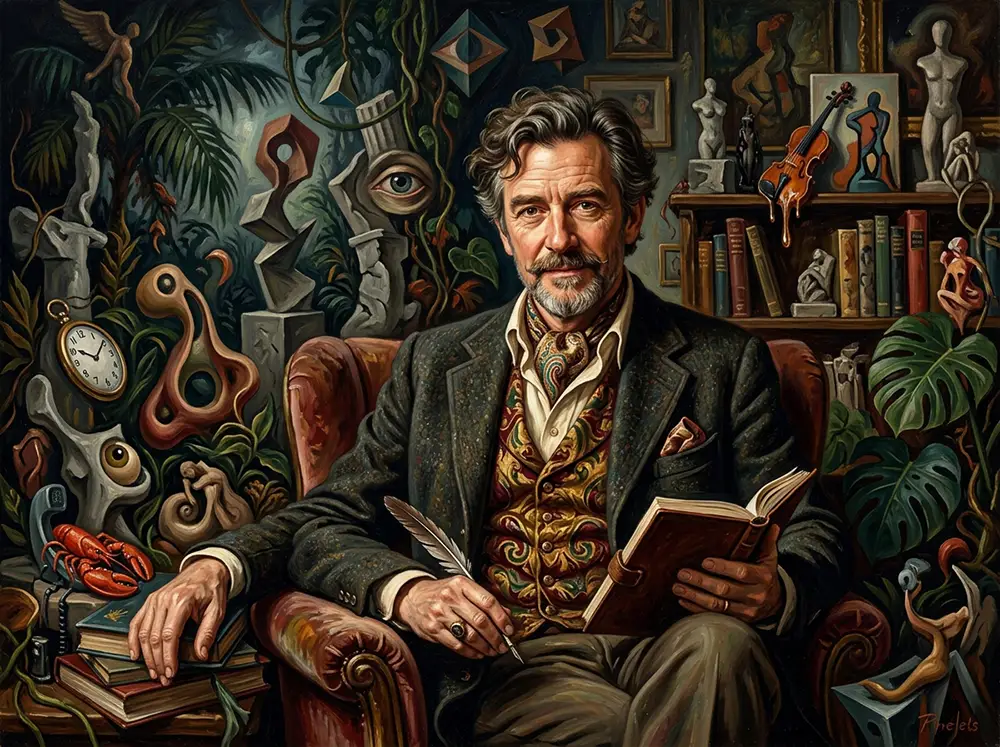 Portrait illustré d'Edward James, poète et mécène surréaliste britannique (1907–1984), créateur du jardin de sculptures Las Pozas à Xilitla au Mexique, entouré d'objets surréalistes