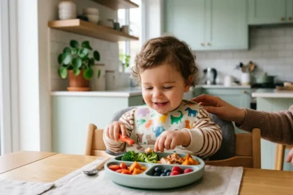 Jeune enfant à table souriant devant une assette avec des légumes et fruits compartimentés