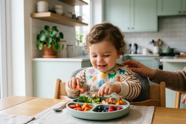Jeune enfant à table souriant devant une assette avec des légumes et fruits compartimentés