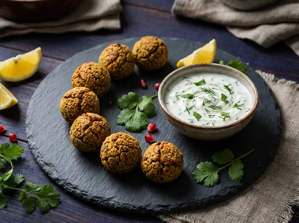 Falafels dorés au four sur ardoise avec bol de sauce yaourt et herbes fraîches