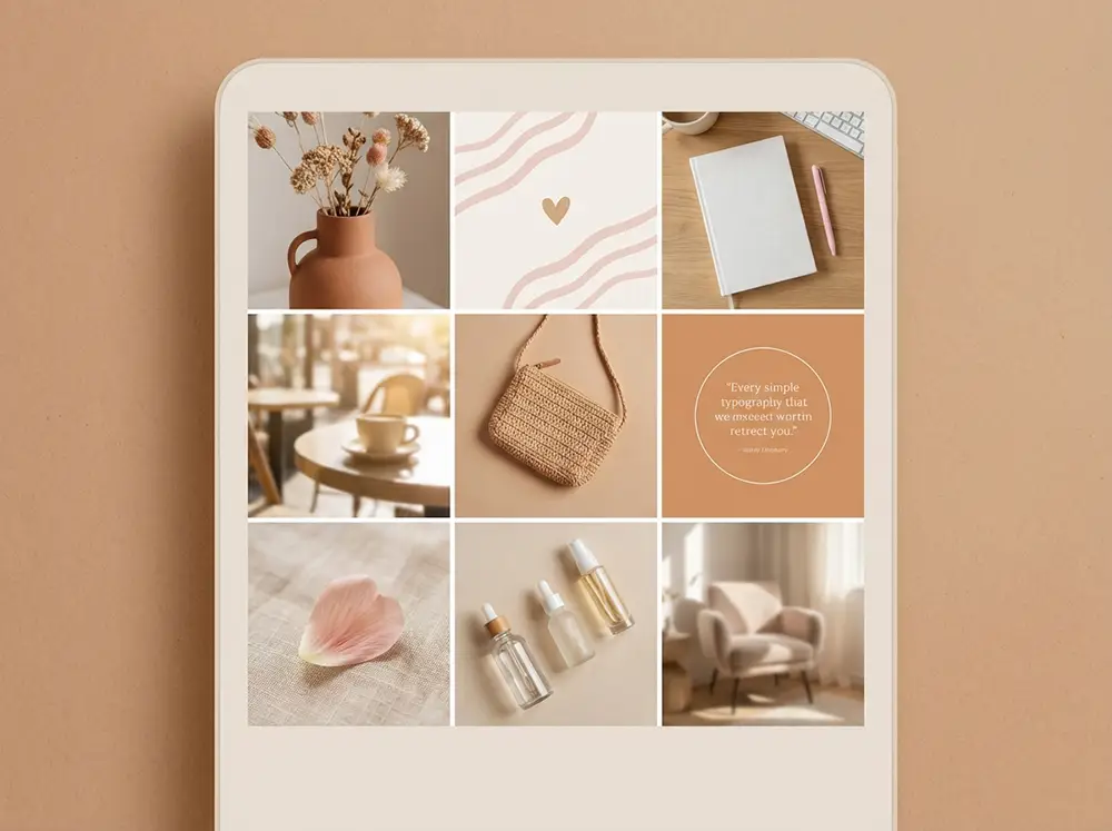 Grille de feed Instagram avec identité visuelle cohérente en tons chauds et beiges