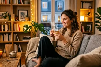 Jeune adulte de 25-35 ans tenant une infusion de fleur de chanvre CBD un vendredi soir