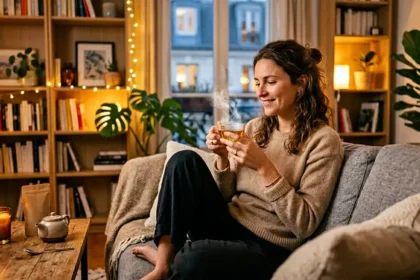 Jeune adulte de 25-35 ans tenant une infusion de fleur de chanvre CBD un vendredi soir