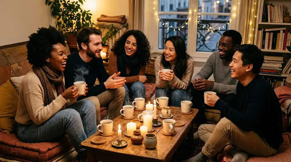 Groupe de jeunes adultes de 25-35 ans réunis en soirée avec des infusions, sans alcool