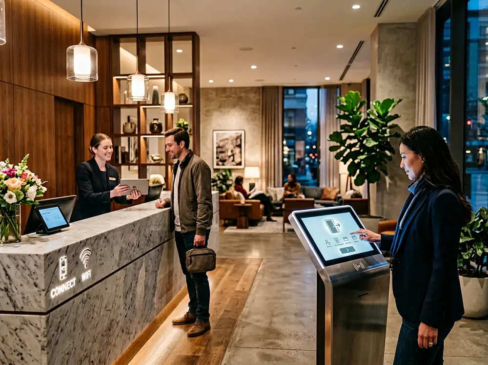 Photographie lifestyle professionnelle d'un bureau de réception d'hôtel avec système d'enregistrement numérique, kiosque tactile moderne au premier plan, personnel d'hôtel amical en arrière-plan aidant un client avec tablette, hall d'hôtel boutique contemporain avec éclairage chaleureux et design élégant, surfaces en verre reflétant lumière douce, comptoir en marbre, atmosphère accueillante montrant hospitalité améliorée par la technologie
