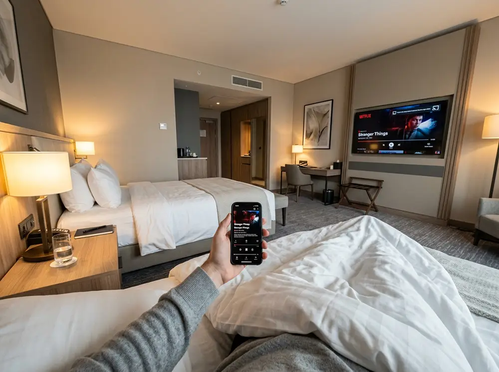 Photographie réaliste d'une chambre d'hôtel depuis la perspective du client allongé dans le lit, montrant distance appropriée entre lit et écran TV mural (environ 3-4 mètres), main du client au premier plan tenant smartphone affichant interface d'application de streaming diffusant du contenu vers la TV distante, Netflix ou service de streaming visible sur les deux appareils