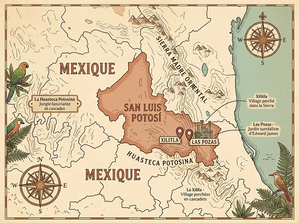 Carte illustrée montrant la localisation de Las Pozas et de Xilitla dans l'État de San Luis Potosí, au cœur de la Huasteca Potosina au Mexique