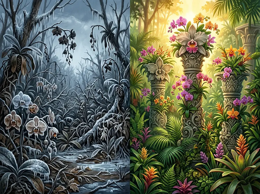 Illustration en diptyque représentant le gel de 1962 qui détruisit les 29 000 orchidées d'Edward James à Las Pozas, et la renaissance du jardin surréaliste en sculptures de béton fleuries