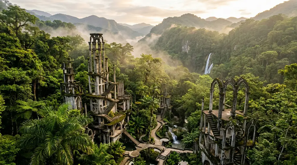Vue aérienne cinématographique du jardin surréaliste Las Pozas à Xilitla, montrant les tours et structures de béton d'Edward James émergeant d'une jungle tropicale dense avec des cascades en arrière-plan