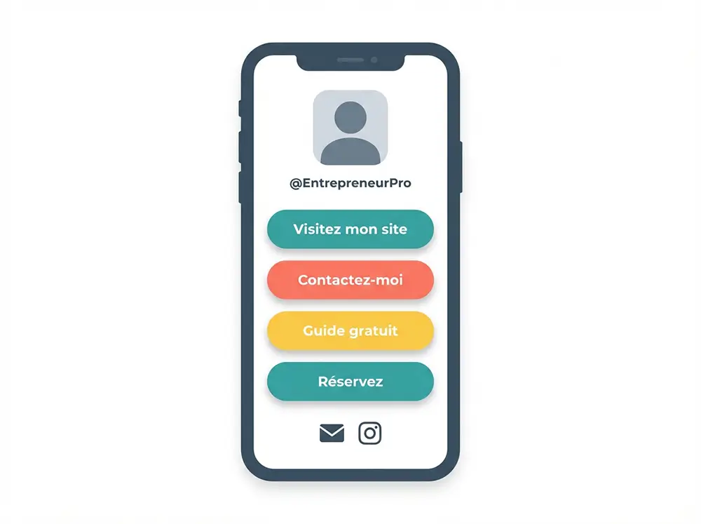 Page de liens en bio Instagram avec plusieurs boutons d'appel à l'action colorés sur smartphone