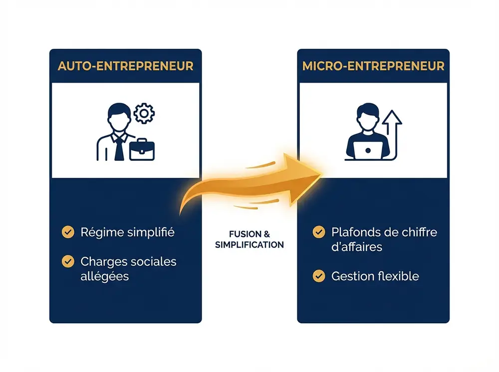 Infographie comparative montrant la fusion des termes auto-entreprise et micro-entreprise depuis le 1er janvier 2016