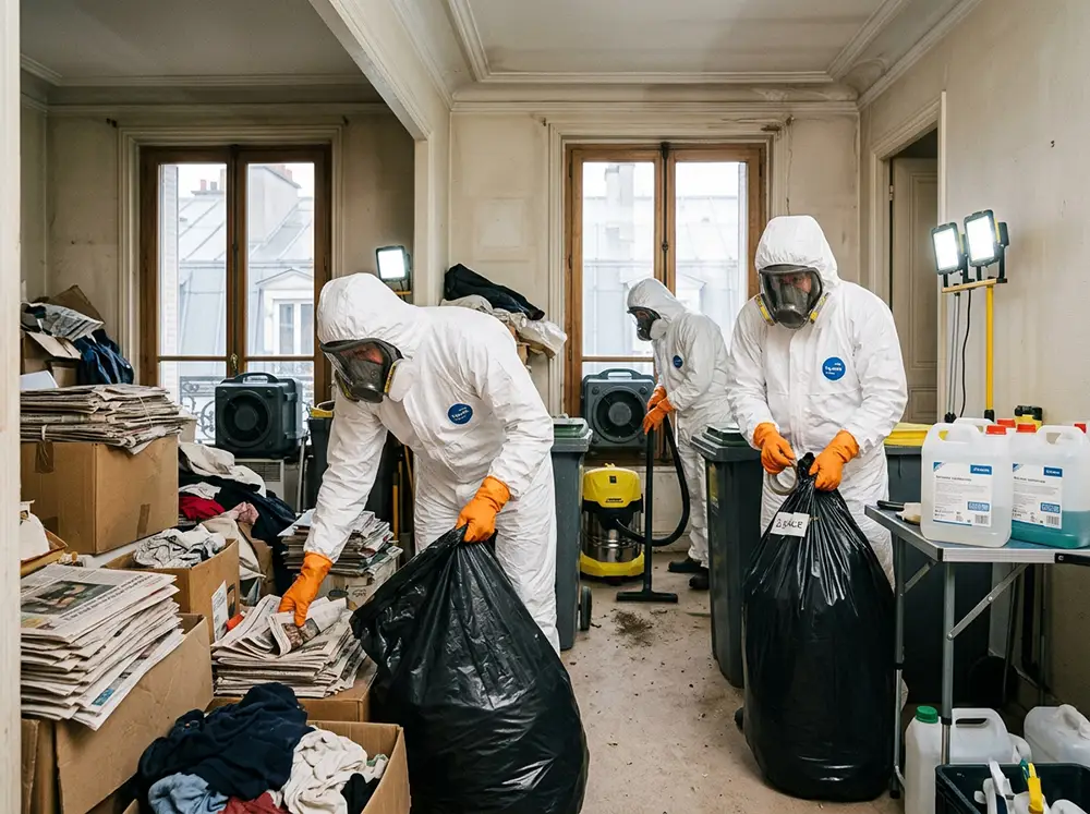 Équipe professionnelle en tenue de protection intervenant dans un logement insalubre pour un nettoyage syndrome de Diogène