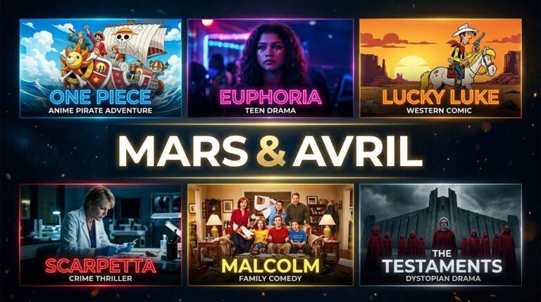 Mosaïque des nouvelles séries de mars et avril sur Netflix, Disney+, Prime Video et HBO Max