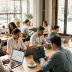 Photographie lifestyle moderne montrant jeunes professionnels diversifiés (20-30 ans) dans espace de co-working lumineux utilisant ordinateurs portables et smartphones affichant graphiques de trading et données financières, lumière naturelle, atmosphère concentrée et optimiste illustrant démocratisation de la finance
