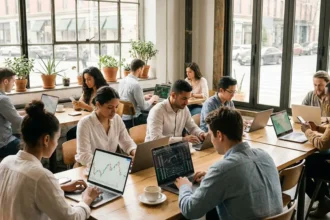 Photographie lifestyle moderne montrant jeunes professionnels diversifiés (20-30 ans) dans espace de co-working lumineux utilisant ordinateurs portables et smartphones affichant graphiques de trading et données financières, lumière naturelle, atmosphère concentrée et optimiste illustrant démocratisation de la finance