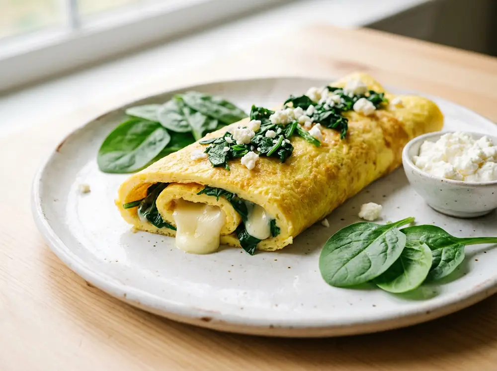Omelette roulée dorée garnie d'épinards verts et fromage frais sur assiette blanche