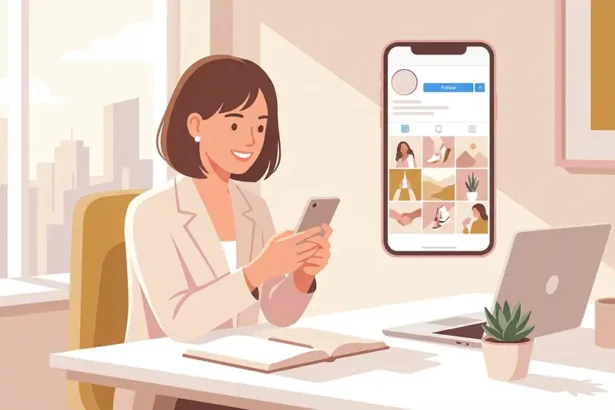 Entrepreneur souriant regardant son profil Instagram professionnel sur smartphone