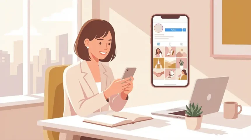 Entrepreneur souriant regardant son profil Instagram professionnel sur smartphone