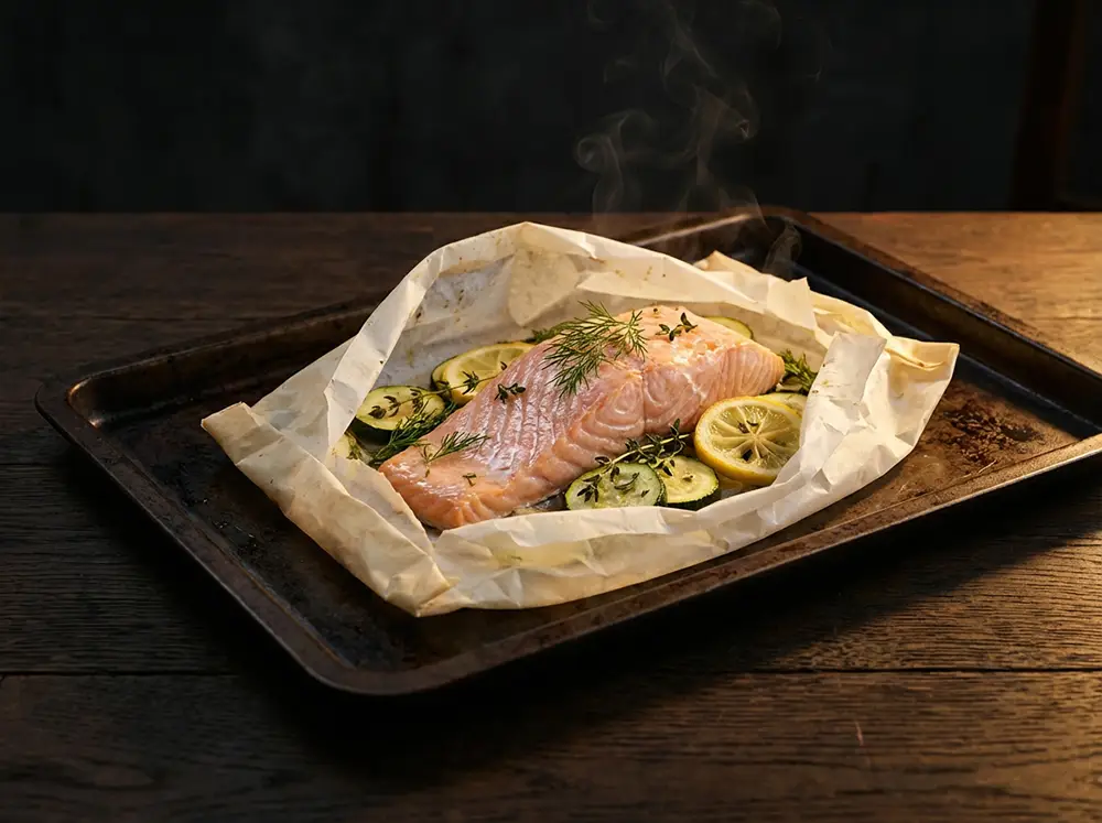 Papillote de saumon avec courgettes et citron ouverte sur une plaque de four