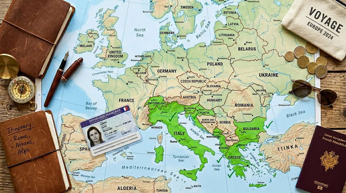 Carte d'Europe des pays acceptant la CNI périmée prolongée en 2026 Carte d'Europe avec pays acceptant la carte d'identité périmée prolongée surlignés en vert : Italie, Grèce, Suisse, Bulgarie