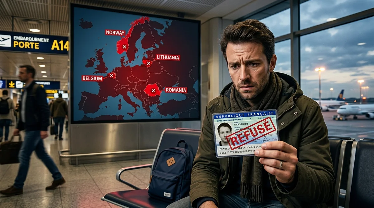 Pays refusant la carte d'identité périmée prolongée en 2026 Carte d'Europe avec pays refusant la CNI périmée surlignés en rouge : Belgique, Lituanie, Norvège, Roumanie