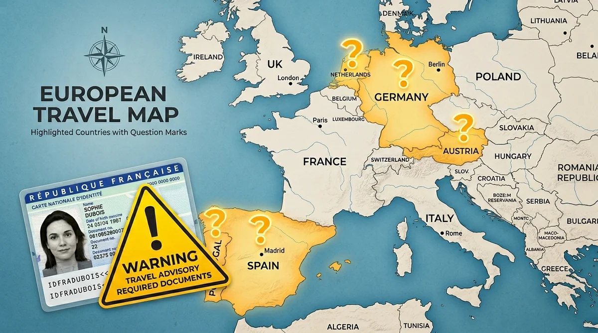 Pays tolérant la CNI périmée sans garantie officielle – zone grise Carte d'Europe avec pays tolérant la carte d'identité périmée surlignés en orange : Espagne, Allemagne, Portugal, Pays-Bas