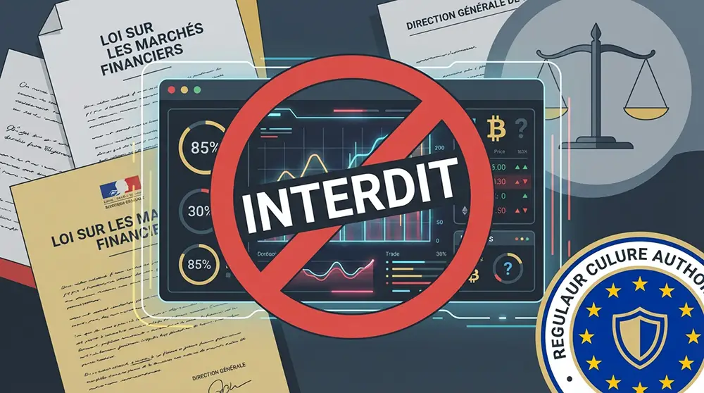 Symbole d'interdiction légale sur l'interface Polymarket en France, avec le sceau de l'Autorité nationale des jeux ANJ qui classe la plateforme comme illégale