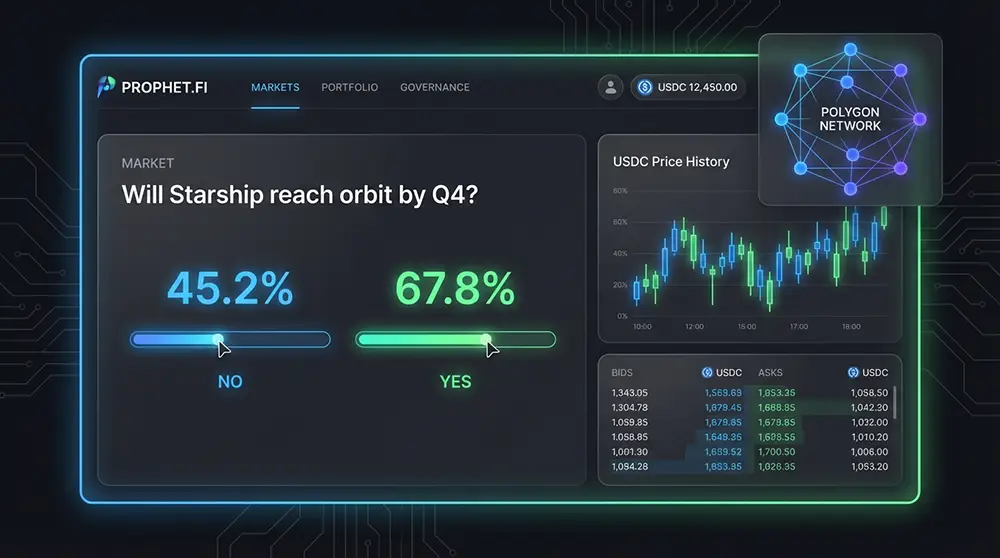Tableau de bord d'un marché de prédiction décentralisé Polymarket avec cotes en temps réel, USDC et réseau blockchain Polygon