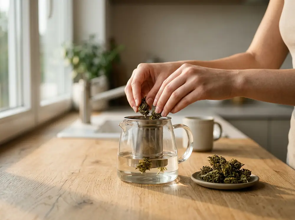 Mains préparant une infusion de fleur de chanvre CBD dans une cuisine moderne