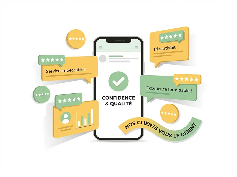 Smartphone affichant des témoignages clients et des avis positifs sur une page Instagram professionnelle