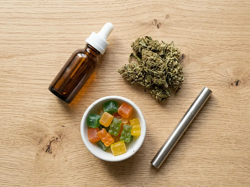 Flat lay de produits CBD — huile, fleur de chanvre, gummies et e-cigarette — sur bois naturel