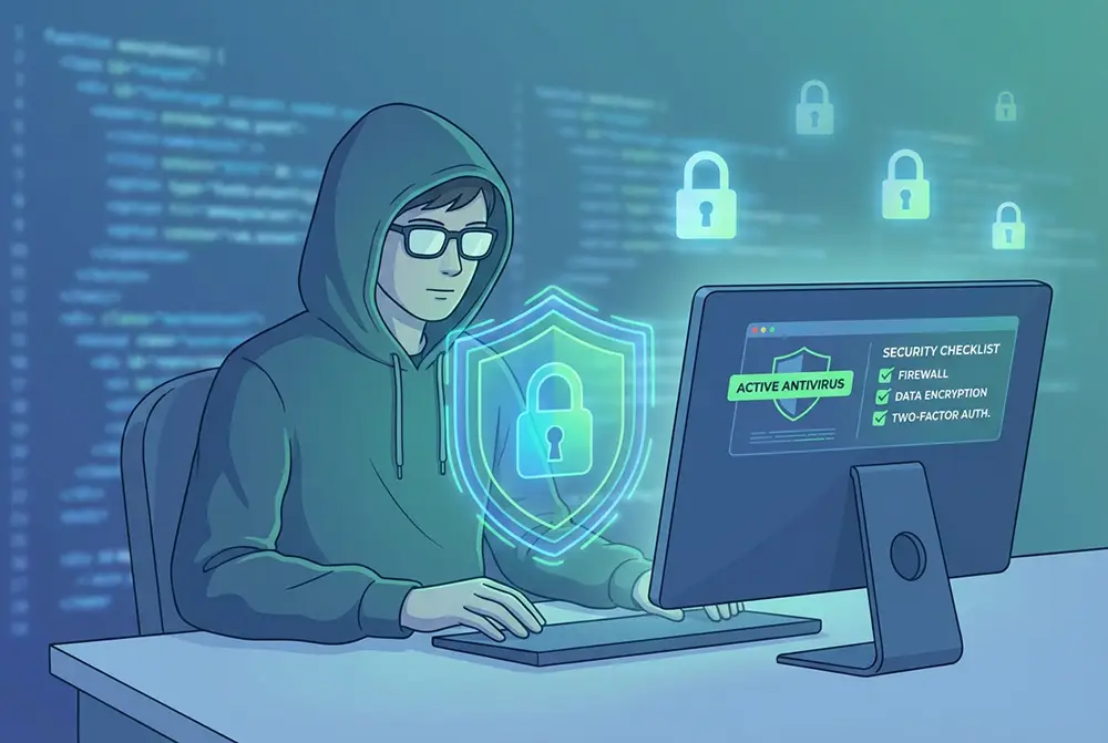 Utilisateur protégé par un bouclier antivirus devant son ordinateur après avoir utilisé Torrent9