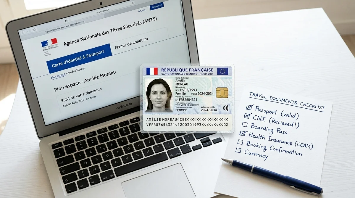 Renouveler sa carte d'identité sur ANTS avant un voyage Nouvelle carte d'identité biométrique française format carte bancaire posée sur un ordinateur affichant le site ANTS