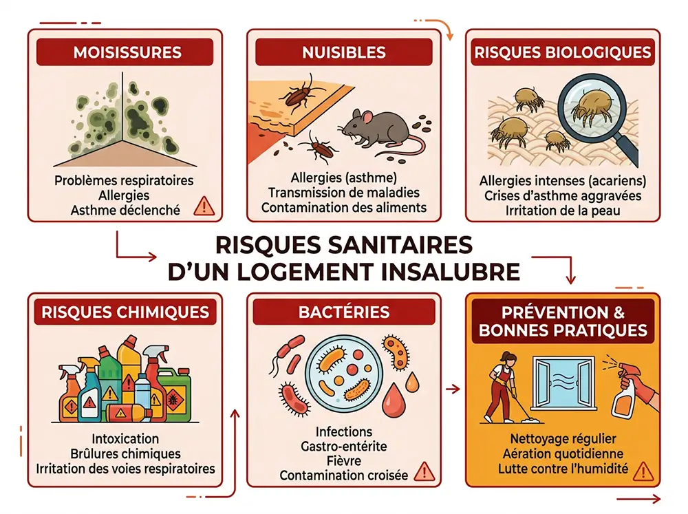Infographie des risques sanitaires d'un logement insalubre : moisissures, nuisibles, risques biologiques et chimiques