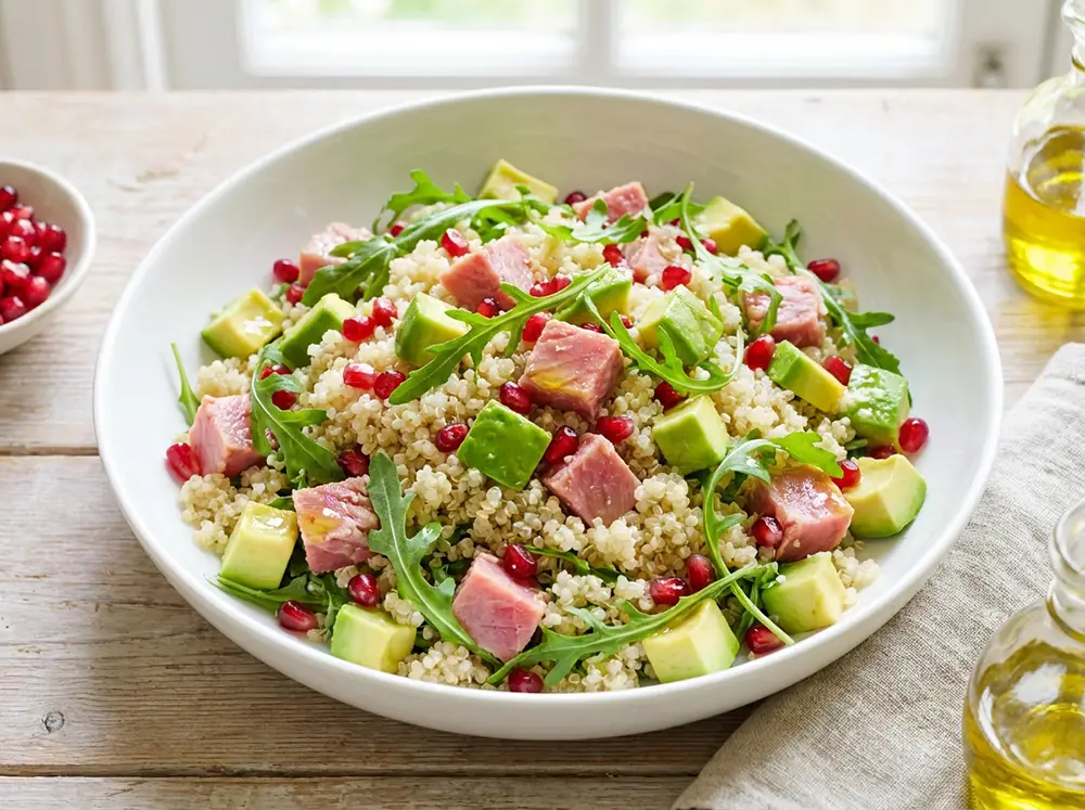 Salade colorée de quinoa avec avocat, thon et arilles de grenade dans une assiette blanche