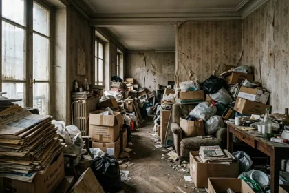 Appartement insalubre encombré de déchets et d'objets entassés jusqu'au plafond, lié au syndrome de Diogène