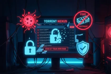 Écran d'ordinateur affichant un site de torrents avec icônes de virus et d'amende pour illustrer les risques d'utilisation du site Torrent9