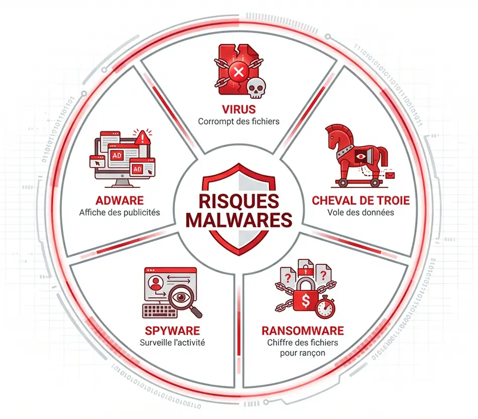 Infographie des 5 malwares courants que l'on peut trouver sur Torrent9 : virus, cheval de Troie, ransomware, spyware, adware
