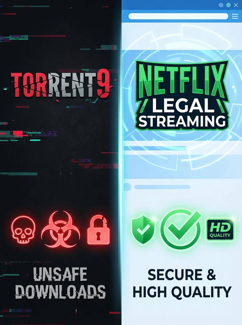 Split-screen Torrent9 avec icônes danger vs streaming légal Netflix avec icônes sécurité