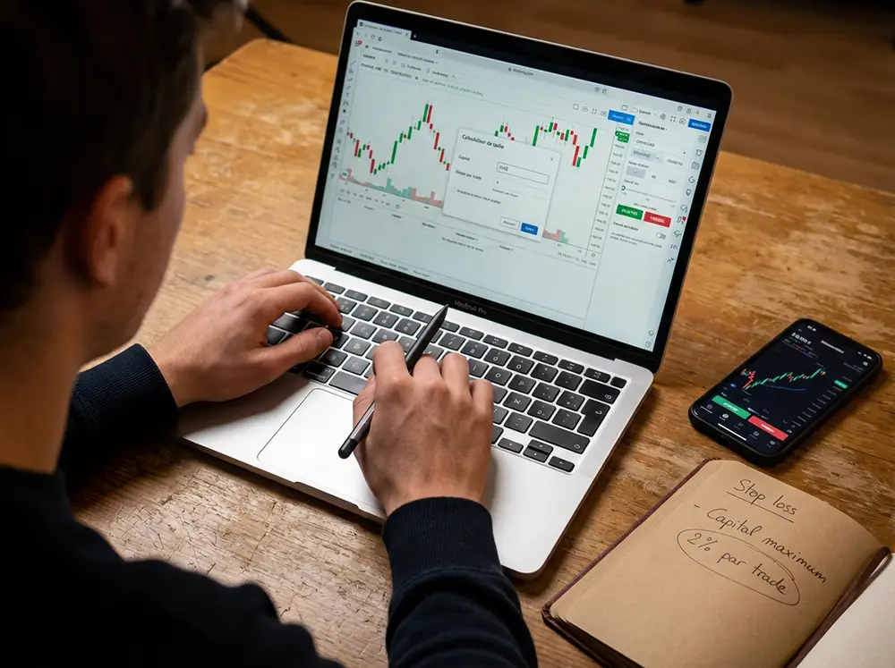 Photographie réaliste en gros plan de mains de jeune trader utilisant plateforme de trading sur ordinateur portable, écran affichant interface professionnelle avec graphiques en chandeliers, calculateur de taille de position avec textes français 'Calculateur de taille', 'Capital', 'Risque par trade', smartphone avec application trading, cahier avec notes manuscrites 'Stop loss', 'Capital maximum', '2% par trade'