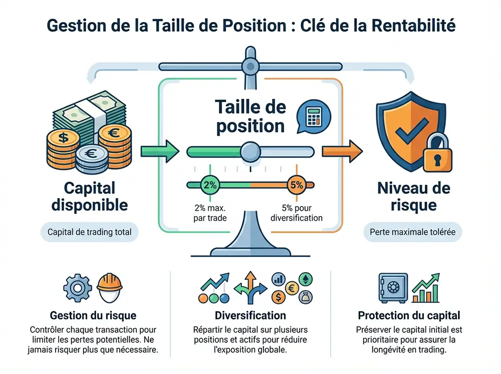 Infographie pédagogique sur fond blanc montrant concept de taille de position en trading avec trois éléments interconnectés : Capital disponible (icône pièces), Taille de position (curseur ajustement), Niveau de risque (bouclier protection), avec termes français 'Gestion du risque', 'Diversification', 'Protection du capital', pourcentages 2% et 5%