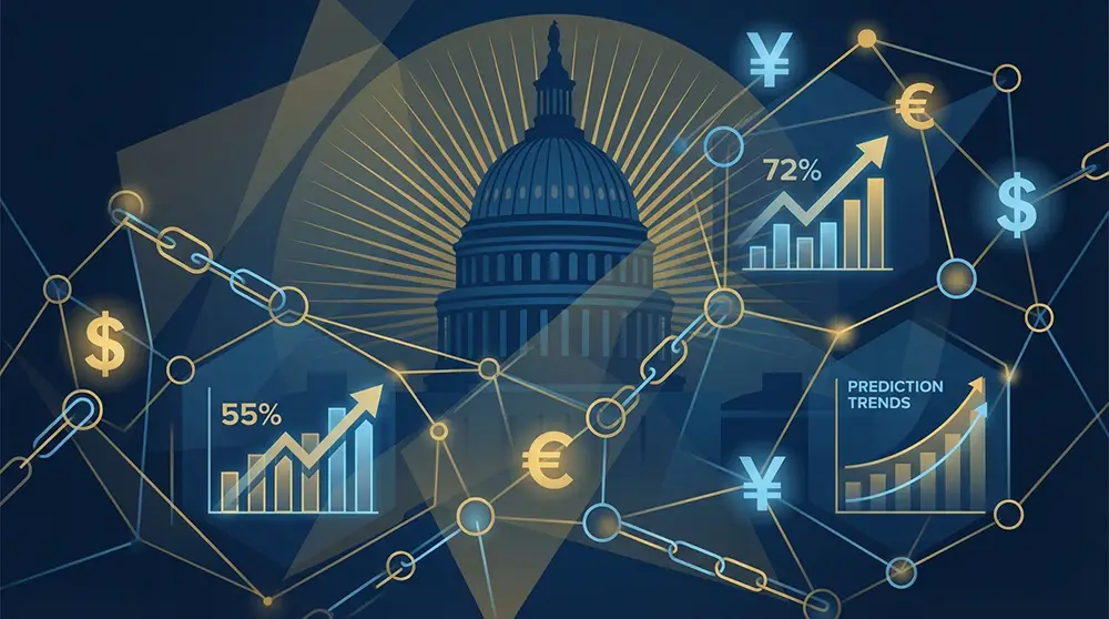 Illustration symbolique des connexions entre la sphère politique américaine autour de Trump, la société 1789 Capital et la plateforme Polymarket de marchés de prédiction