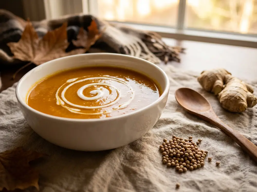 Velouté orange de patate douce au gingembre et lait de coco dans un bol blanc